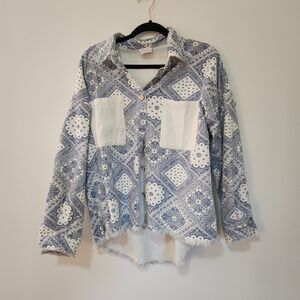 Pink Lily Ivory and Navy Patterned Blouse